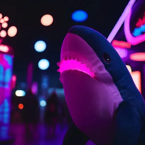 cinematic photo blahaj, shark, plush toy <lora:BlahajXL:1>, neon light . 35mm photograph, film, bokeh, professional, 4k, highly detailed