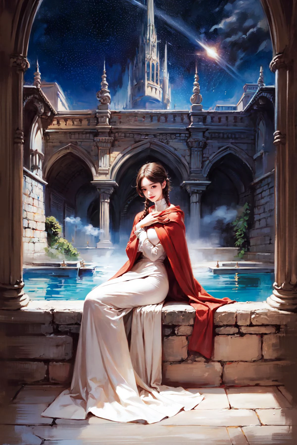 <lora:ovelia-nvwls-v1:0.78>,
(twin braids, red cape, white dress, see-through, ovelia atkascha, wet dress):1.24, ((relaxing posture, sexy smile)),
BREAK 1woman, ((young woman)), adorable, clear face, solo, (((full body))):1.33, (milky skin, curvy body, slender body, idol vibe), (long hairs, multicolor hairs):1.2,
BREAK soft light, light on face, cinematic lighting, detailed(shadow), detailed glow,
BREAK <lora:add_detail:0.45>, extremely detailed, CG, finely detailed, (masterpiece, best quality):2.0, ((photorealistic:1.15)),
BREAK <lora:uber_saggy2:0.68>, saggy, sagging_breasts, ((huge breasts)), <lora:Front face lighting åé¢ã©ã¤ãã¢ãã v2:0.5>, <lora:GoodHands-vanilla:0.7>,
((night, starry sky, clear sky, starry star, fantasy, a woman sit in fantasy public bath, fanbath, steam in the air, water)), <lora:FantasyBath:0.7>