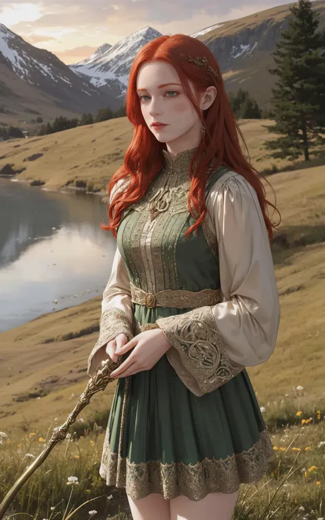 (telephoto shot:1.5), outdoor Scottish highlands, vivid sunset hues, fantasy setting. A striking redhead woman, (distinctly Scottish), wearing an elaborate elven inspired gown is a fusion of deep emerald green and earthy browns, with intricate Celtic knotwork embroidery in gold thread, Flowing sleeves, a fitted bodice+, short skirt, fiery red hair is styled in a cascade of loose curls, green eye, stands atop a grassy knoll, overlooking a misty loch. In her hands, she holds an ancient, rune carved staff, emanating a soft, other worldly glow.,