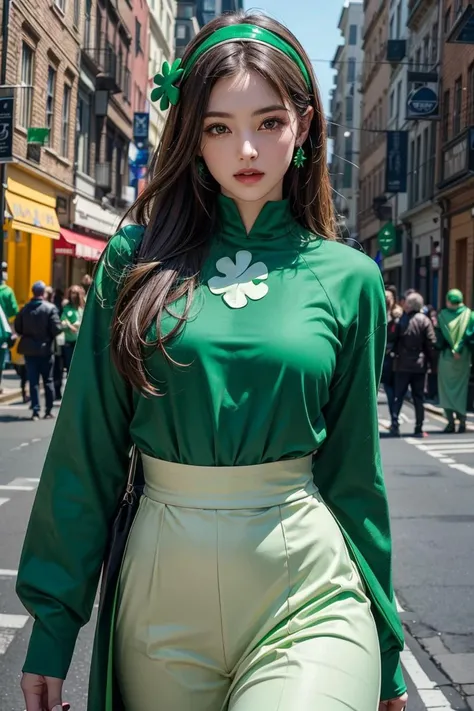 (4K, HDR), professional lighting, realistic texture, masterpiece, best quality, finely detailed, (Photos with landscapes and people), ((St. Patrick's Day festivities are covered in green costumes and green symbols)), (Compositionally impressive photo), <lora:add_detail:0.2><lora:more_details:0.2>