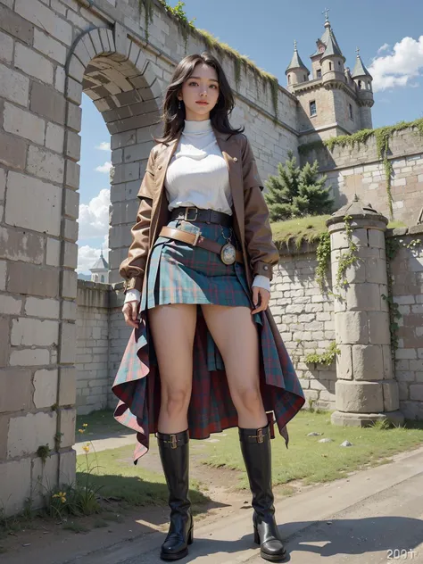 (masterpiece, best quality, photo-realistic, ultra-high definition resolution, level out:2.0), (laughing, smiling:1.1), (brown eyes, k-pop idol, korean beauty:1.4), (20-year-old girl:2.0), (aesthetical, stylish), (gigantic breast, narrow waist, wide hips:1.6), (full body:1.4), (Medieval castles in Scotland - Rugged outdoor attire including sturdy boots, waterproof jackets, and warm layers for exploring historic fortresses in the Scottish Highlands.:1.4)