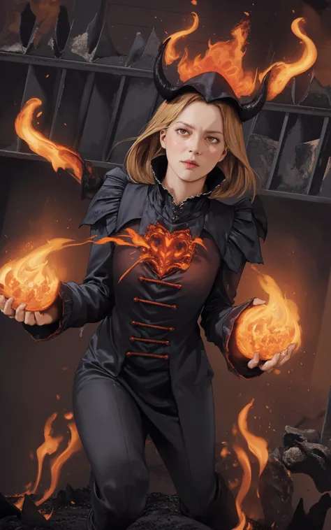(Dutch angle:1.5), (Inferno Warlock:1.4), (Medium Covered breasts:0.81), Blazing inferno, demonic pact, fiery gaze, hellish flames