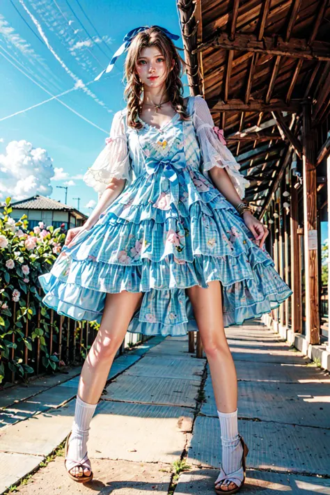 <lora:MIAOKA_Aerith:0.8>, ((aerith gainsborough, choker, hair bow, bracelet, sidelocks, parted bangs, braid)):1.24, fight stance,
BREAK 1woman, adorable, clear face, solo, ((full body)):1.33, ((a woman wear a clear glasses, detailed glasses)):1.2,
BREAK perfect(anatomy,body,face,hand,leg,foot,fingers), ((multicolor brown hairs, very long hairs, green eyes):1.23, cleavage),
BREAK (soft light, light on face), cinematic lighting, dynamic(angle, elegant posture), detailed(shadow, lightning),
BREAK beautiful detailed woman, glossy pink lips, ((milky skin, shiny skin)), makeup, blush,eyeliner, eyeshadow, eyelashes, textured skin, collarbone, perfect skin,
BREAK <lora:more_details:0.73>, extremely detailed, CG, finely detail, (masterpiece, best quality):2.0, (intricate details, depth of field),
BREAK <lora:uber_saggy2:0.67>, saggy, sagging_breasts, ((huge breasts)),
<lora:Twinkle_20240330151352:0.68>, ((pink blue dress,bow,heart)):1.22,
((outdoors, detailed farm, cozy , beautiful scenery, flowers, sky cloud, wind,)),