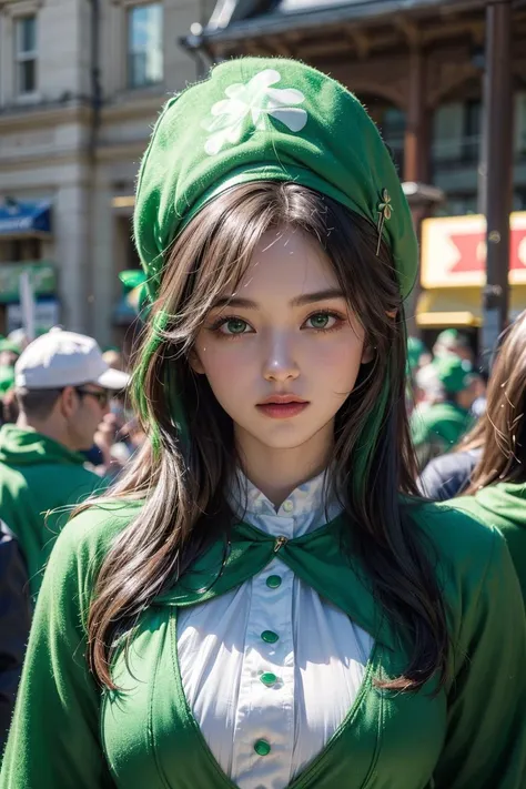 (4K, HDR), professional lighting, realistic texture, masterpiece, best quality, finely detailed, (Photos with landscapes and people), ((St. Patrick's Day festivities are covered in green costumes and green symbols)), (Compositionally impressive photo), <lora:add_detail:0.2><lora:more_details:0.2>