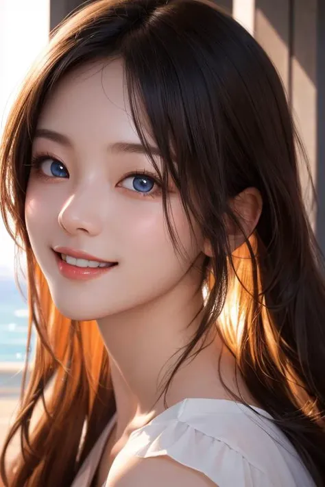 masterpiece, best quality, ray tracing, highly detailed, 32k, portrait, raw photo,
1girl, light smile, bright skin, beautiful face, perfect eyes, seductive eyes, portrait, close-up,
bright sun light, rim light, dramatic lighting