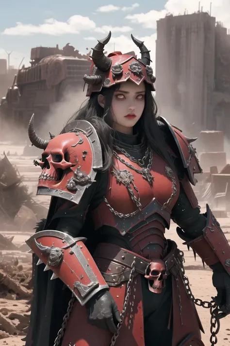 1boy, man, (masterpiece:1.2), (best quality:1.2), extremely detailed, highres, khorne, red armor, full armor, skull, <lora:khorne:1>, spiked armor, chain, helm, helmet, horned helmet, pauldrons, sword, torn cape, gauntlets, black fur, plate armor, glowing eyes, red eyes, wasteland, dessert