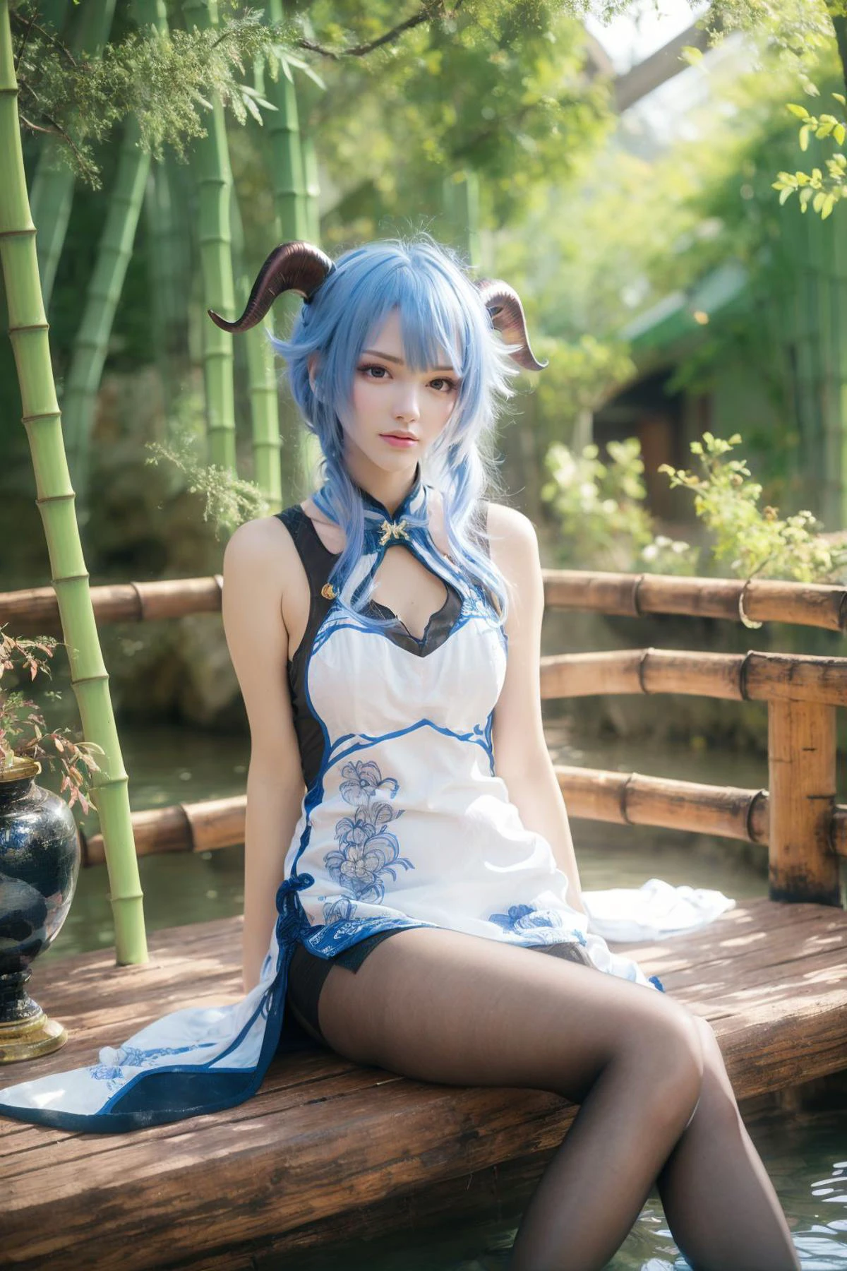 (((masterpiece))), (8k, high_resolution), ((best quality)),
shiny skin,
1lady,
<lora:lsp:0.3>, <lora:softmecha:0.3>,
solo,
swimming pool, from_below,
blue hair, (goat horns:1.2), Blue and white cheongsam, qipaoganyu, hair between eyes, pantyhose, (looking at viewer:1.2), blue eyes, black dress, wide view, full body, sitting, cosplay, ganyu \(genshin impact\), thick body, ganyu, chinese clothes, long hair, green eyes, (bamboo forest:1.3), stone path, onsen, <lora:qipaoganyu_20230728170713:0.8>,