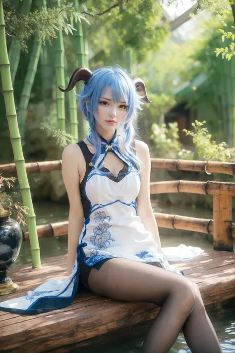 (((masterpiece))), (8k, high_resolution), ((best quality)), 
shiny skin, 
1lady, 
<lora:lsp:0.3>, <lora:softmecha:0.3>, 
solo, 
swimming pool, from_below, 
blue hair, (goat horns:1.2), Blue and white cheongsam, qipaoganyu, hair between eyes, pantyhose, (looking at viewer:1.2), blue eyes, black dress, wide view, full body, sitting, cosplay, ganyu \(genshin impact\), thick body, ganyu, chinese clothes, long hair, green eyes, (bamboo forest:1.3), stone path, onsen, <lora:qipaoganyu_20230728170713:0.8>,