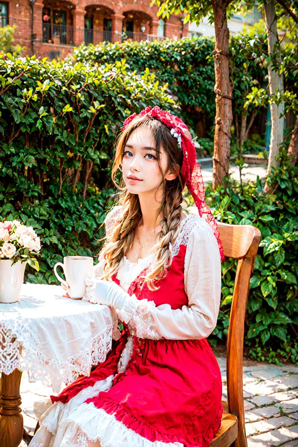 <lora:Chrismas C:0.7>, (((Chrismas D,red dress,frills,frilled dress,long sleeves,layered dress,white gloves,bonnet)), lipstick, very long hairs, black eyeshadow, eyelashes):1.22,
BREAK ((((1woman)), young woman, adorable, clear face, young face, solo)), (((full body))):1.34, ((milky skin, curvy body, slender body, woman hands, good anatomy)),
((drinking posture, a woman sitting on a chair, holding a cup of tea)):1.18,
BREAK soft light, cinematic lighting, detailed(shadow, glow),
BREAK <lora:add_detail:0.45>, extremely detailed, ,4K, CG, finely detailed, (masterpiece, best quality):2.0, ((photorealistic:1.15)),
BREAK <lora:uber_saggy2:0.68>, saggy, sagging_breasts, <lora:Big_boobs:0.74>, ((huge breasts)), <lora:GoodHands-vanilla:0.74>,
((outdoors, scenery, lake background, garden, chair, table, clear sky, cozy, flowers, plants, ((a cup of tea)), rim light)), <lora:Front face lighting åé¢ã©ã¤ãã¢ãã v2:0.7>