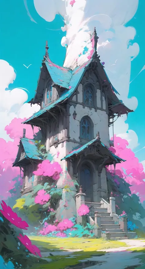 fantahouse, sky, bird, scenery, outdoors, blue sky, no humans, day, cloud, tree, tower, building, flower
<lora:fantahouse-noise:1>