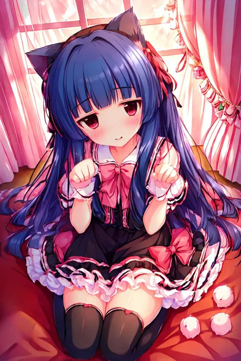 16k, highres, masterpiece, best quality,
cinematic photo,
a cute girl, sitting, wariza, paw pose, in tidy room, red carpet, sunlight from window, pink curtain, indoors,
looking up, looking at viewer, (from above:1.2),
BREAK
yukimi, 10 yo., long hair, blunt bangs, expressionless, shy, (joyful:1.2),
gothic girly dress, embroidery, black dress, frill, bow, thighhighs, zettai ryouiki, fake animal ears, cat ears,
<lora:sajo_yukimi-v1:0.9>,
35mm photograph, film, bokeh, professional, 4k, highly detailed,
