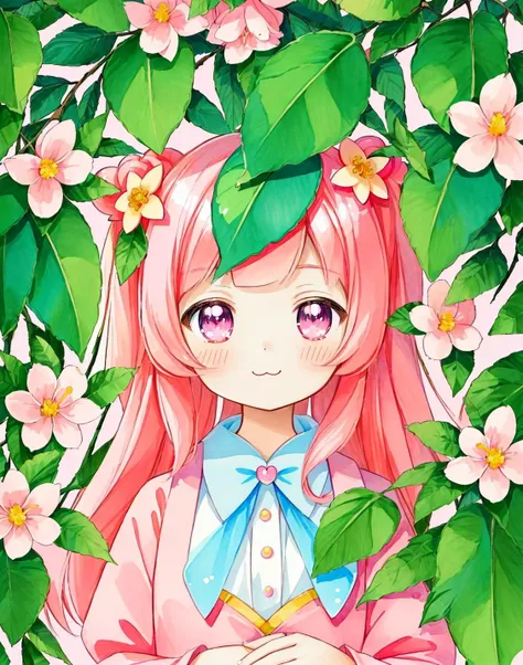 (masterpiece:1.2 , ultra_quality:1.3) , (cute_pretty:1.3) , (pretty_kawaii_cute_ultra_clear_eyes:1.1576),(pretty_kawaii_cute_ultra_clear_iris:1.1576) , (pretty_kawaii_cute_ultra_clear_eyelashes:1.1576),(pretty_kawaii_cute_ultra_clear_fabric:1.1576) , (hana_peach_flower_collage:1.3) , (extremely detailed cg , copics painting:1.2) , (hana_peach leaf) , (Illustration:1.2) , (Illustration:1.2) , (hana_peachr_girl pink hair iridescent eyes) , (many hana_peach clothes) , (upperbody closeup face) , happy smile , :3 ,