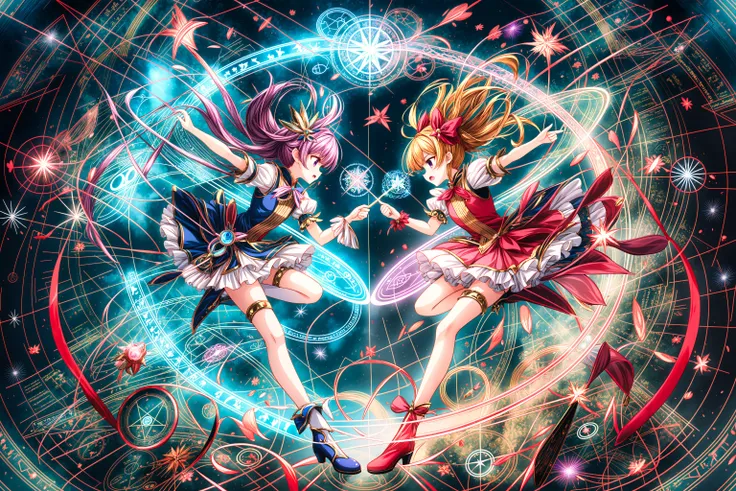 absurdly ultra detailed highres illustration of two magical girls facing each other in a battle scene between magical girls with elaborate magic circle effects, puella magi, powerful, dynamic pose, dynamic lighting, dynamic angle, superimposition, layered imagery, overlapping visuals, complex composition, blended effects, intriguing narrative, thought-provoking concept<lora:hyperdetailer_v095:0.6> <lora:flat2:-0.2>