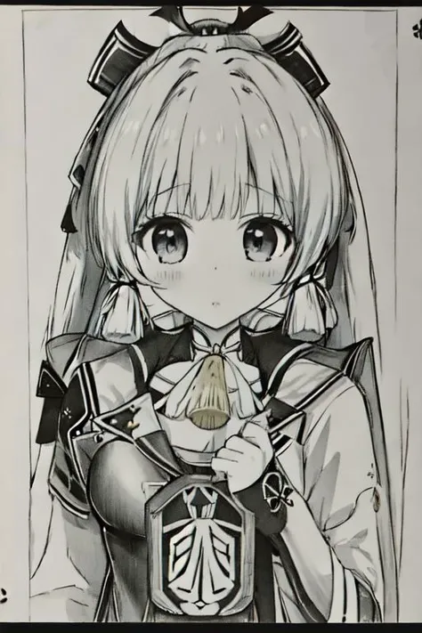 kamisatoayakadef, 4k, 8k, UHD, ultra-detailed, masterpiece, best quality, perfect, monochrome, upper body
