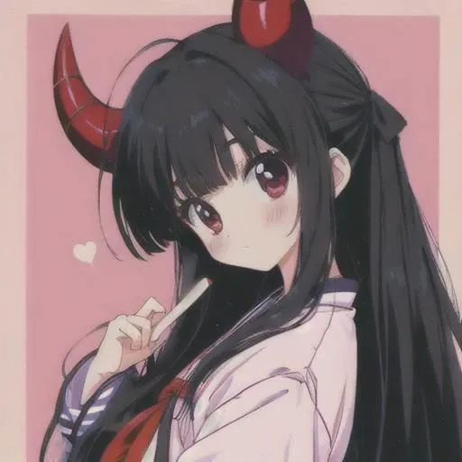female, female, black hair, black hair, devil horns, devil horns, hime haircut, straight hair, mini bangs, short bangs, retro anime. retro style, harajuku style, 90s anime, 90s anime