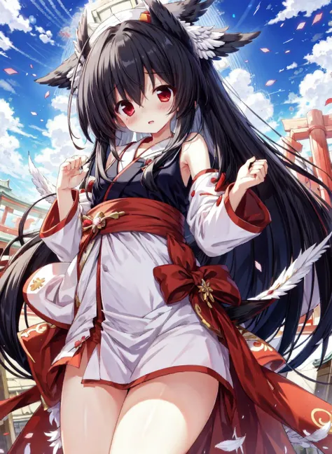 ( masterpiece , best qualty ), hyper, pretty cure kawaii girl , flat chest , flat body , [shrine maiden's ceremonial dress] , black hair ,  big red ribon ,  Kindness,Glad ,  many  Shedding bird feathers falling from the sky ,,Wonderful_greate_special_Gorgeous_Goddess_White_Wings hair ,  many many Shedding bird feathers falling from the sky , shrine background ,  <lora:flat2:-0.3>,
