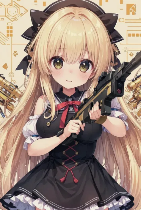 (Masterpiece, super high resolution, best-detailed, extremely_illustration) ,Precise,depiction of the face, (aiming at viewer),gold gun, , (solo), fine eyes, cute, yellow big:0.5 ribbon on head, small breasts, long hair