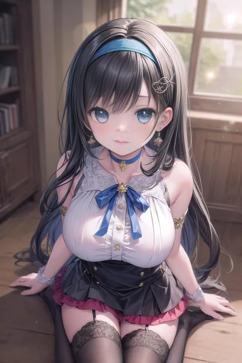 (masterpiece:1.3), (best quality:1.3), (ultra-detailed:1.3), illustration, solo, indoors, MLTD bg style, light particles, sparkle, lens flare, bokeh, blurry background, black hair, long hair, blue eyes, large breasts, black thighhighs, hair ornament, hairband, ribbon choker, looking up, upper body, idol,<lora:flat2:-1>