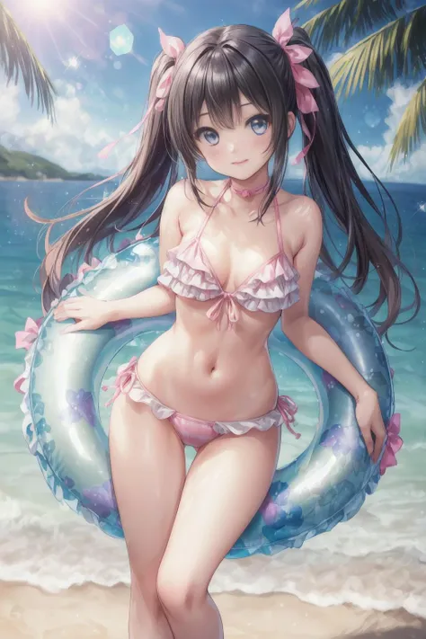 (masterpiece, top quality, best quality, official art, beautiful and aesthetic:1.2), (1girl, cute, short body:1.3), extreme detailed, colorful, highest detailed ((ultra-detailed)), (highly detailed CG illustration), ((an extremely delicate and beautiful)),(8k photo quality, ultimate shiny skin, detailed skin, ultimate detailed face),outdoors, beach, ocean, black hair, super long twintails, standing, blue eyes, narrow waist, small breasts, ribbon choker,((light particles, lens flare, depth of field, sparkle, bokeh, dappled sunlight, day), front tie bikini top, checkered swimsuit, side tie bikini bottom, smile),BREAK, (holding pink innertube:1.2), solo focus, looking at viewer,<lora:flat2:-1>,