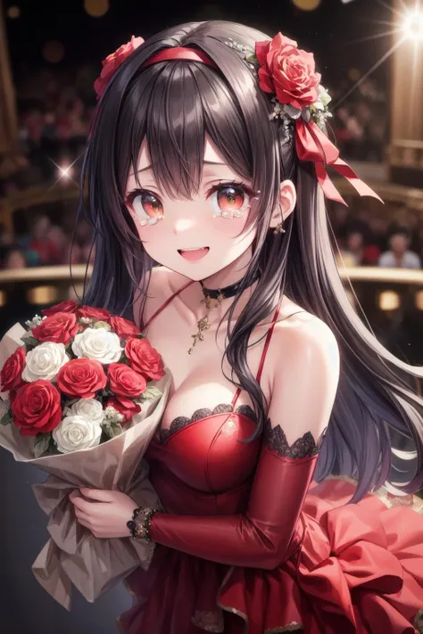 (masterpiece:1.3), (best quality:1.3), (ultra-detailed:1.3), illustration, solo, indoors, theater, light particles, sparkle, lens flare, bokeh, blurry background, black hair, long hair, brown eyes, middle breasts, black thighhighs, hair ornament, hairband, ribbon choker, looking up, upper body,(idol, idol costume, red costume, bouquet, smile, tears:1.2),<lora:flat2:-1>