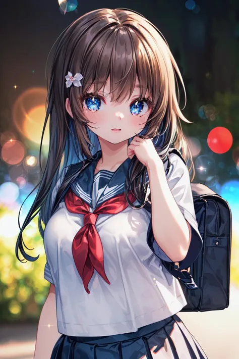 (masterpiece, top quality, best quality, official art, beautiful and aesthetic:1.2), extreme detailed, colorful, highest detailed ((ultra-detailed)), (highly detailed CG illustration), ((an extremely delicate and beautiful)),(8k photo quality),(ultimate shiny skin, detailed skin, ultimate detailed face),(1girls, cute), solo, outdoors, shibuya/(tokyo/), BREAK,(brown hair, super long hair), blue eyes, large breasts, (serafuku, pleated skirt, short sleeves, school bag:1.5),(light particles, lens flare, depth of field, sparkle, bokeh, dappled sunlight:1.3), standing,<lora:flat2:-1>