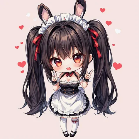 1girl,(cute,chibi:1.5),(masterpiece:1.3), (best quality:1.3), (ultra-detailed:1.3), illustration, solo, heart background, standing, black hair, long twintails, large breasts, rabbit ears, maid, maid apron, ribbon choker, female focus, looking up, thighs, spread legs, peace sign,<lora:flat2:-1>