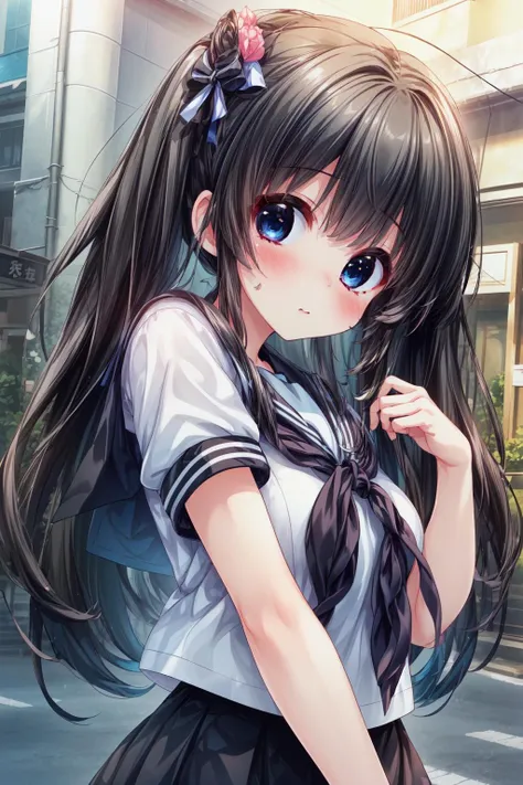 (masterpiece, top quality, best quality, official art, beautiful and aesthetic:1.2), (1girl,cute,short:1.5), extreme detailed, colorful, highest detailed ((ultra-detailed)), (highly detailed CG illustration), ((an extremely delicate and beautiful)),(8k photo quality,ultimate shiny skin,detailed skin,ultimate detailed face), (1girl:1.3), extreme detailed, colorful, highest detailed ((ultra-detailed)), (highly detailed CG illustration), ((an extremely delicate and beautiful)), solo, outdoors, sibuya/(tokyo/), standing, black hair, long twintails, blue eyes, (serafuku, short sleeves:1.5), <lora:flat2:-1>