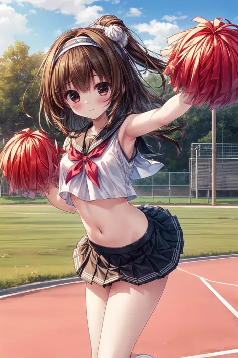 (masterpiece, top quality, best quality, official art, beautiful and aesthetic:1.2),highest detailed , 8k photo quality,((ultra-detailed)), (highly detailed CG illustration), ((an extremely delicate and beautiful)) ,(outdoors, on school ground,track:1.3), 1girl,brown hair, (	cheerleader, clothes writing, crop top, sleeveless shirt, midriff, miniskirt, pleated skirt, holding pom poms), headband, standing split , standing on one leg, dynamic angle,<lora:flat1:-1>