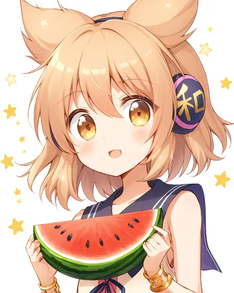 toyosatomimi no miko,1girl, solo, earmuffs, watermelon, open_mouth, upper_body, white_background, sparkle, bracelet, holding_food, simple_background, :d, looking_at_viewer, sleeveless_shirt, blush
<lora:toyosatomimi_no_miko_image4798_2023-12-20-000009:1>,star-shaped_pupils,symbol-shaped_pupils,. gorgeous,key visual, vibrant, studio anime,award-winning, professional, highly detailed,high budget, cinemascope