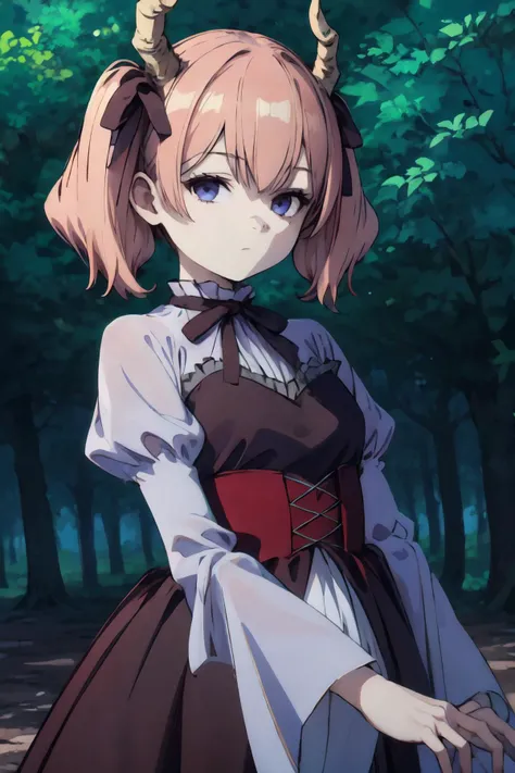 1girl,best quality,high quality,linie,dress,<lora:Linie:1>,upper_body,standing,forest,looking at viewer,shaded_face,