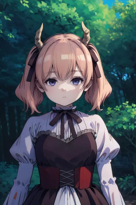 1girl,best quality,high quality,linie,dress,<lora:Linie:1>,upper_body,standing,forest,looking at viewer,shaded_face,