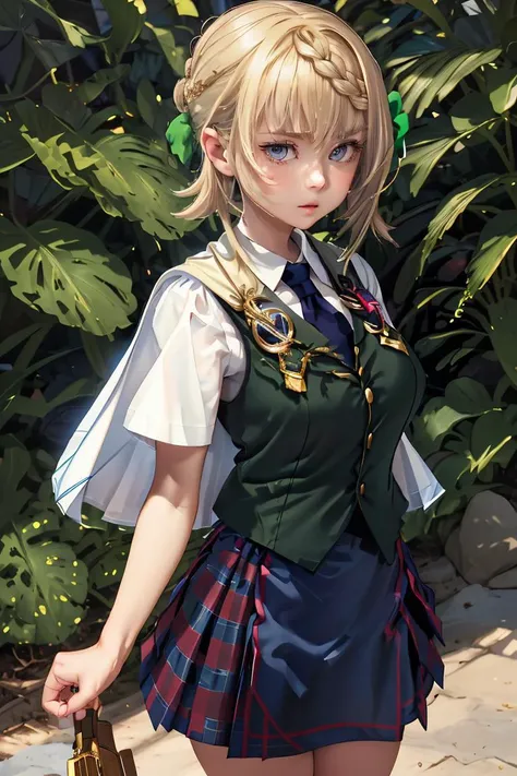 (masterpiece, best quality), 1girl, <lora:perth:1> perthKC, 1girl, solo, short hair, skirt, shirt, thighhighs,school uniform, white shirt, braid, short sleeves, pleated skirt, necktie, hair bun, cape,green vest, blue skirt, dress shirt, plaid skirt, badge,braided bun, braided bangs,