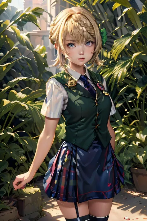 (masterpiece, best quality), 1girl, <lora:perth:1> perthKC, 1girl, solo, short hair, skirt, shirt, thighhighs,school uniform, white shirt, braid, short sleeves, pleated skirt, necktie, hair bun, cape,green vest, blue skirt, dress shirt, plaid skirt, badge,braided bun, braided bangs,