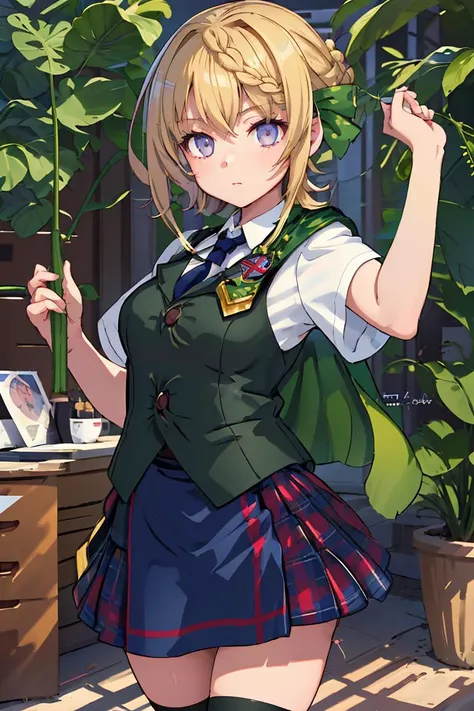 (masterpiece, best quality), 1girl, <lora:perth:1> perthKC, 1girl, solo, short hair, skirt, shirt, thighhighs,school uniform, white shirt, braid, short sleeves, pleated skirt, necktie, hair bun, cape,green vest, blue skirt, dress shirt, plaid skirt, badge,braided bun, braided bangs,