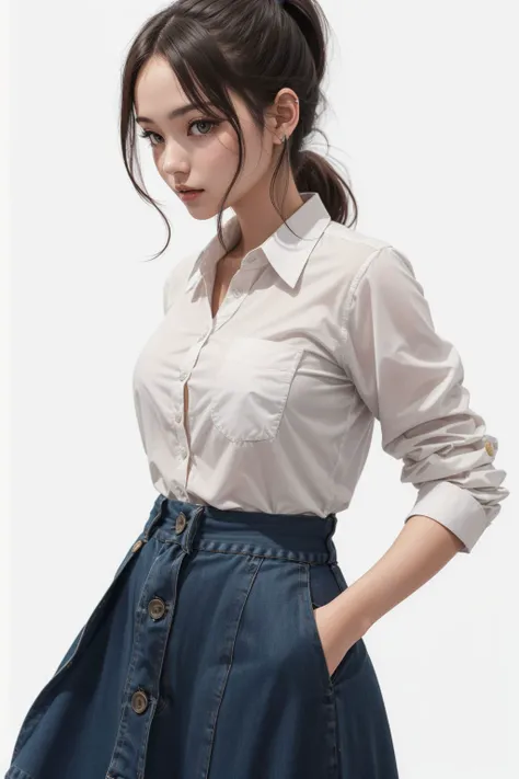 1girl wearing button up shirt and maxi skirt, brunette ponytail, white background,facing viewer, midshot