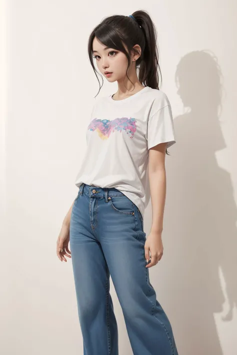 1girl wearing loose t-shirt and baggy jeans, brunette ponytail, white background,facing viewer, midshot