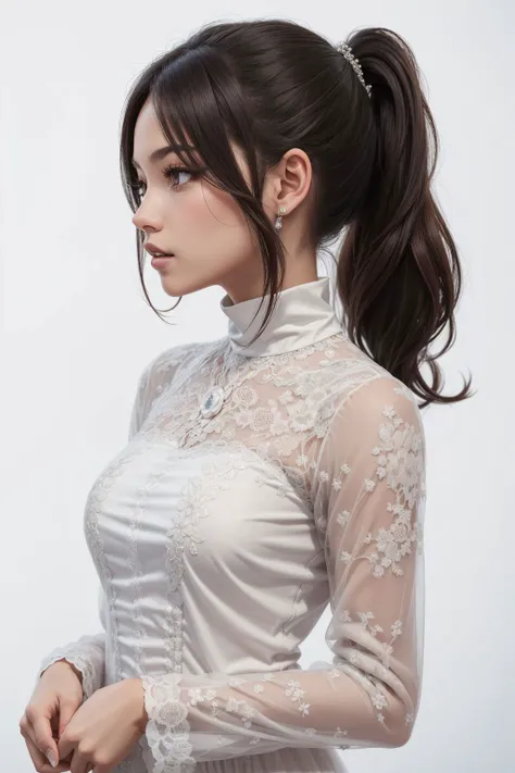 1girl wearing highneck evening gown with long sleeves, brunette ponytail, white background,facing viewer, midshot