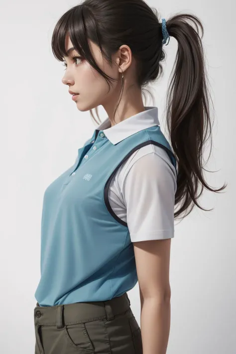 1girl wearing blue polo shirt, khaki pants, light blue vest, brunette ponytail, white background, midshot