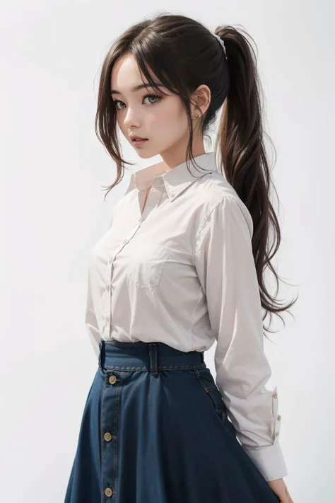 1girl wearing button up shirt and maxi skirt, long brunette ponytail, white background,facing viewer, midshot