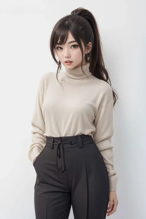 1girl wearing turtleneck and long pants, long brunette ponytail, white background,facing viewer, midshot