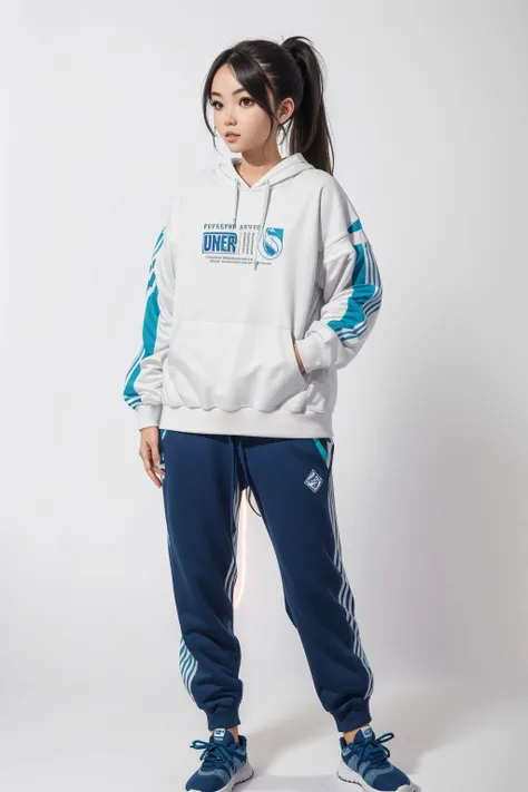 1girl wearing sweatshirt and sweatpants, sneakers, long brunette ponytail, white background, facing viewer, full body shot