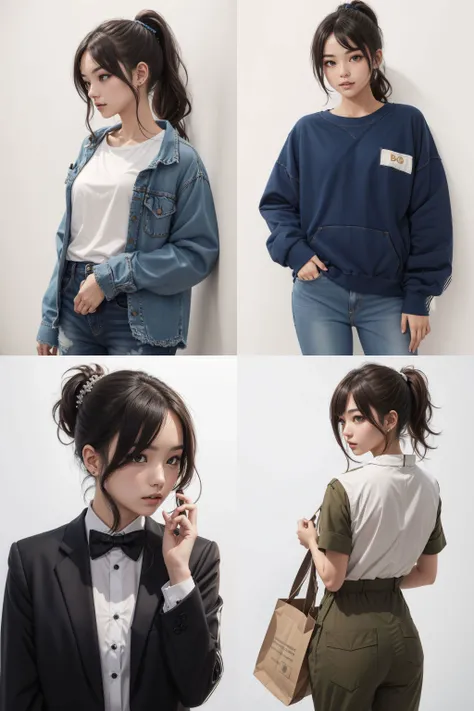 1girl wearing __Mine\Clothing\CivitaiSafe__, brunette ponytail, white background,facing viewer, midshot