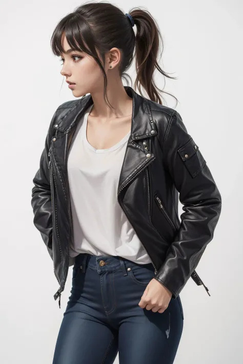 1girl wearing black jeans and motojacket, long brunette ponytail, white background,facing viewer, midshot