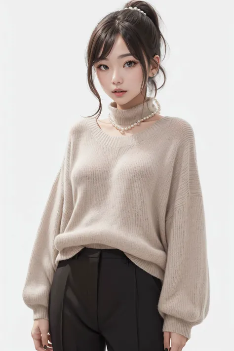 1girl wearing long sweater, slacks, pearls, brunette ponytail, white background,facing viewer, midshot