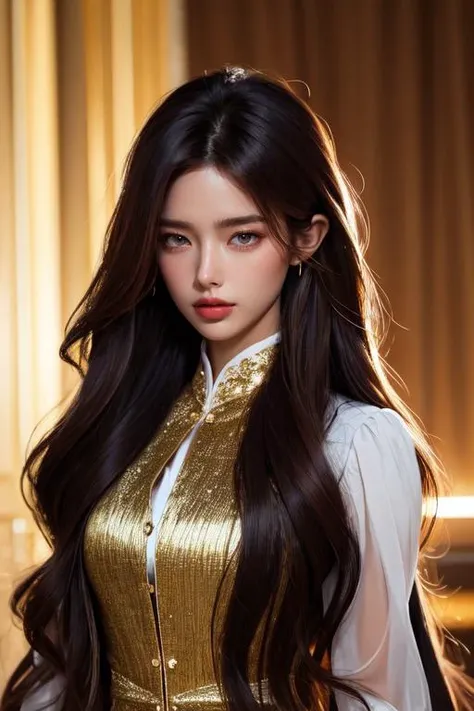 (otherworldly), highly insanely detailed, masterpiece, top quality, best quality, highres, 4k, 8k, RAW photo, (very aesthetic, beautiful and aesthetic), button-up shirt, vest, slacks,
1girl, solo,
Tower13_Gizelle,
a beautiful elvish girl,
dark_skin, tan_skin, tanned skin, dark skin, dark-skinned, black-skinned, bronze skin,
(sparkling gold hair ,split-color hair,dual-toned hair,two-tone hair,colored inner hair),
light auburn background, (fantasy world)âââ