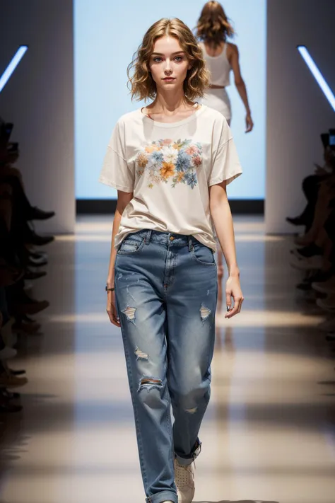 1girl wearing loose t-shirt and baggy jeans, makeup, beautiful, walking down a runway <lora:add_detail:0.5> <lora:boldline:0.2>