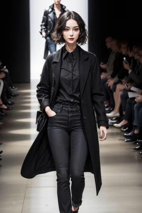 1girl wearing black jeans, black button-up shirt, wool coat, makeup, beautiful, walking down a runway <lora:add_detail:0.5> <lora:boldline:0.2>