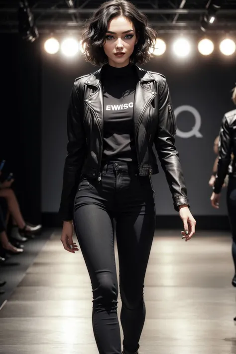 1girl wearing black jeans and motojacket, makeup, beautiful, walking down a runway <lora:add_detail:0.5> <lora:boldline:0.2>