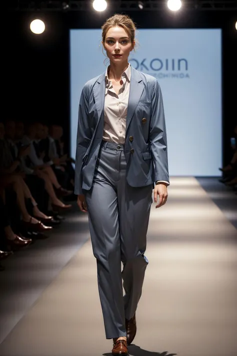 1girl wearing blazer, button-up, slacks, makeup, beautiful, walking down a runway, well lit <lora:add_detail:0.5>
