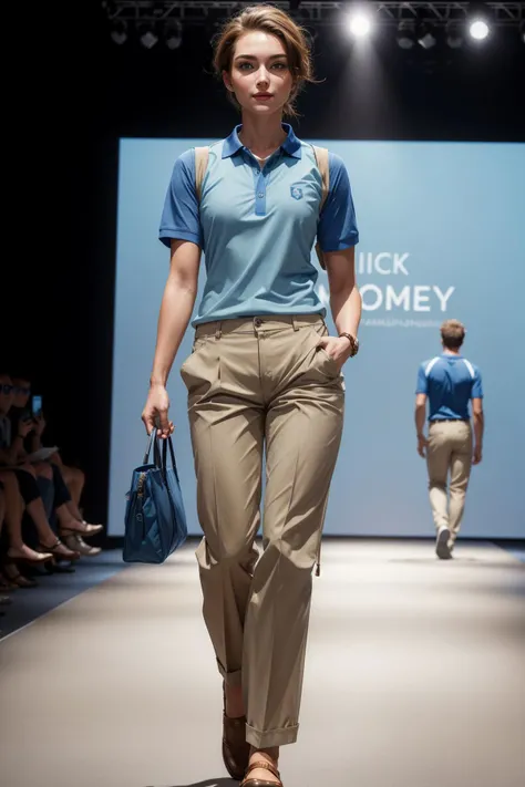1girl wearing blue polo shirt, khaki pants, light blue vest, makeup, beautiful, walking down a runway <lora:add_detail:0.5> <lora:boldline:0.2>